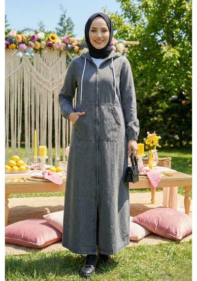 Hb Harma Time Butik Kadın Kapüşonlu, Cepli Ve Fermuarlı Denim Koyu Gri Kot Kap