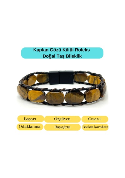 Sertifikalı Kaplan Gözü Kilit Kapama Roleks Doğal Taş Deri Bileklik Kahverengi