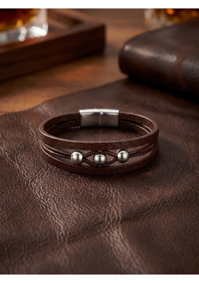 Çelik Top Detalı Erkek Deri Bileklik Premium Hediye 01825 Kahverengi