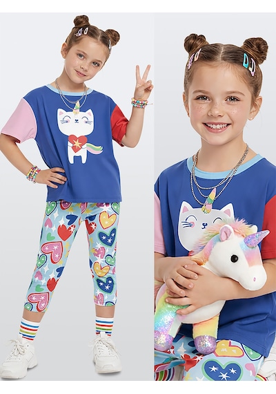 Unicorn Kedi Kız Çocuk İkili Takım Tayt T-shirt İlkbahar Yaz 2-7 Yaş