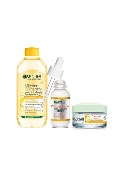Parlak Cilt Için Makyaj Temizleme Suyu + C Vitamini Serum + Nemlendirici Seti