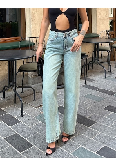 Kene Jeans Kadın Tintli Çift Düğme Yıkamalı Bol Paça Kot Pantolon Yeşil