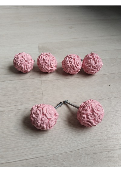 Dafniart 6 Lı Pembe Gül Topu Şeklinde Çekmece Dolap Kulpu, 4-5 Cm, Açık Pembe