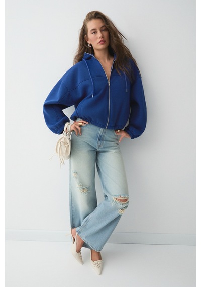 ETHIQUET VA IT Kadın Çift Cepli Eteği Ve Kol Ucu astikli Fermuarlı Oversize Saks Mavi Sweatshirt