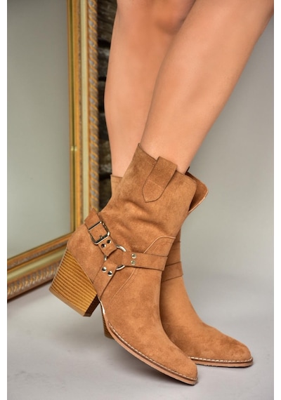 Fox Shoes T296094002 Taba Süet Kovboy Model Kalın Tabanlı Kadın Bot Taba-Süet Taba