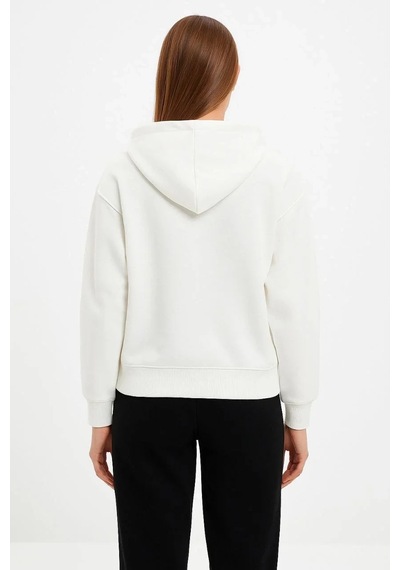 Kadın Kapüşonlu 3 İplik Pamuklu Önü Baskılı Fermuarlı Oversize Hoodie Sweatshirt - Beyaz