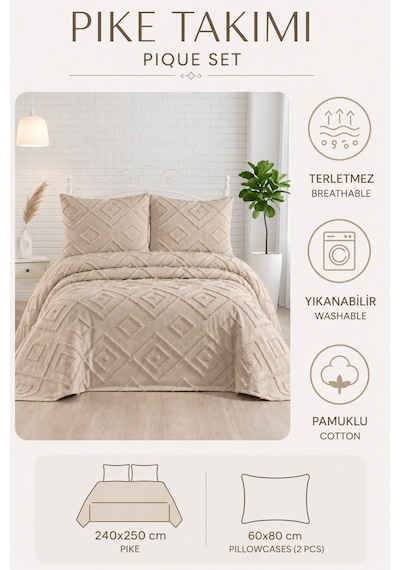 Bej 3 Parça Çift Kişilik Bohem Pike Takımı Mevsimlik 240x250 Yatak Örtüsü Seti Zetian