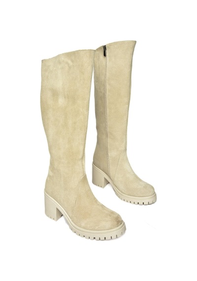 Fox Shoes R654047702 Bej Hakiki Deri Süet Kalın Topuklu Kadın Çizme Bej