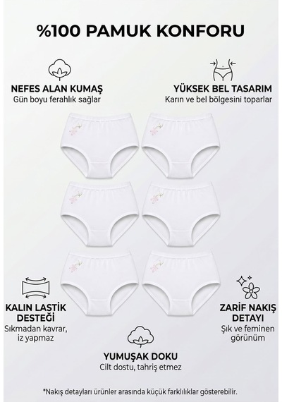 Hepsine Rakip 6lı Kadın Yüksek Bel Külot İşlemeli Pamuklu Bato Slip Beyaz