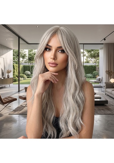 Dalgalı Perçemli Uzun Fiber Sentetik Peruk - Küllü Platin Sarı Çok Renkli