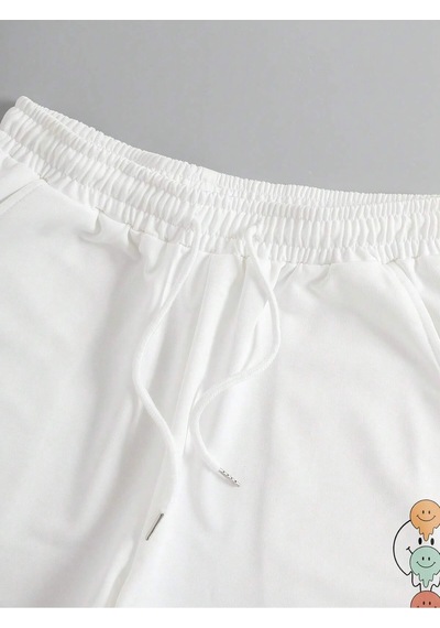 Cartoon Graphic Drawstring Waist Track Şort Beyaz
