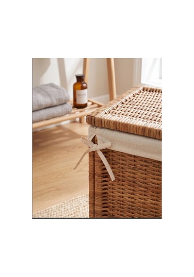 Branas Doğal Rattan Kirli Çamaşır Sepeti 80 Lt Kapaklı Ve Yıkanabilir Astarlı Hasır Sepet 40 X 40 X 57 Cm Bej