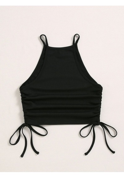 Liona Askılı Halter Yaka Yüzücü Sırtlı Yanları İpli Siyah Renk Fitilli Crop Top Bluz