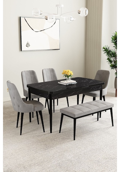 Mabel Siyah Mermer Desen 80x132 Açılabilir Yemek Odası Takımı 4 Sandalye, 1 Bench Gri Mabel Siyah Mermer Desen 80x132 Açılabilir Yemek Odası Takımı 4 Sandalye, 1 Bench Gri