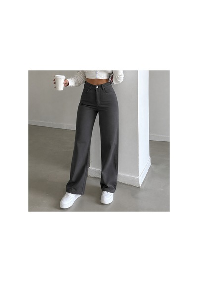 Kene Jeans Yüksek Bel Füme Keten Bol Paça Tam Kalıp Pantolon Füme