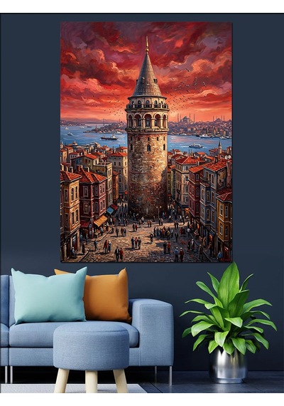 Kızıl Gökyüzünde Heybetli Galata Kulesi Dekoratif Kanvas - Mdf Ahşap Tablo