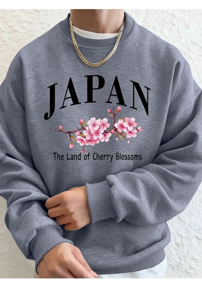 Startmore Tarzsokak Japonya Kiraz Çiçekleri Ülkesi Baskılı Erkek Kapüşonlu Üstleri Sonbahar Bol Sweatshirt Temel Gri
