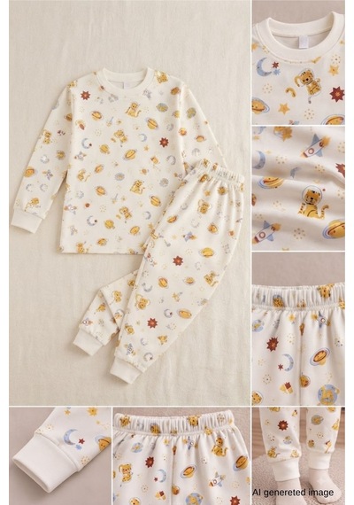 Erkek Çocuk Yeni Sezon Pamuklu Desenli Pijama Takım Tkm1022 Krem