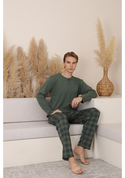 Mutlu City Erkek İnterlok Rahat Kalıp Sıfır Yaka Pamuk Pijama Takımı 6772 Haki