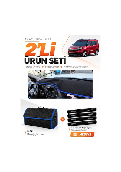 Fiat Doblo Tam Kapalı 2015-2023 Uyumlu Torpido Örtüsü + Deri Bagaj Çantası + Sticker - Siyah Mavi