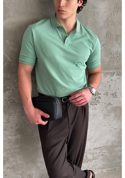 Erkek %100 Pamuk Düğmeli Polo Yaka T-shirt Yeşil