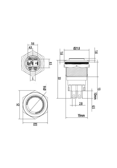 19A-G1-E 19Mm Çıkık Yaylı Işıklı Metal Buton - Mavi