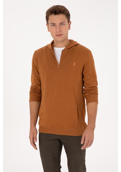 U.S. Polo Assn. Erkek Regular Fit Yarım Fermuarlı Kapüşonlu Camel Sweatshirt 50316391-VR233