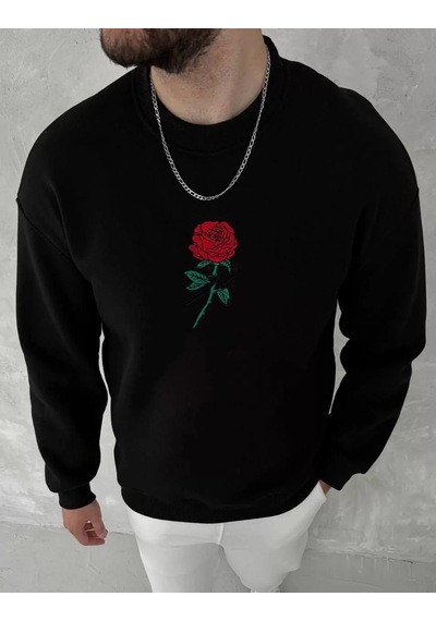 Unisex Bisiklet Yaka Ön Ve Arka Baskılı Sweatshirt - Siyah 001