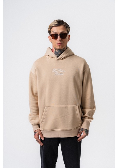 Respire Erkek Far From Basic Nakışlı Kapüşonlu Oversize Hoodie Bej