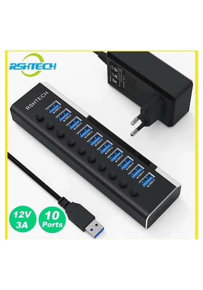 Alüminyum 5 Gbps 10 Port Usb 3.0 Data Hub 12w 3a Power Adaptör Çevirici Dönüştürücü 10 Girişli