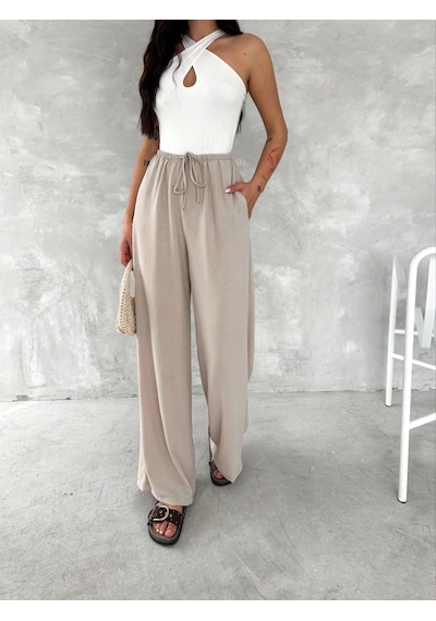 Tam12den Ayrobin Oversize Kadın Pantalon - Bej Bej