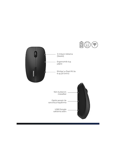 Philips SPK7418 Kablosuz Bluetooth  1600DPI 4 Tuşlu Optik Sessiz Mouse
