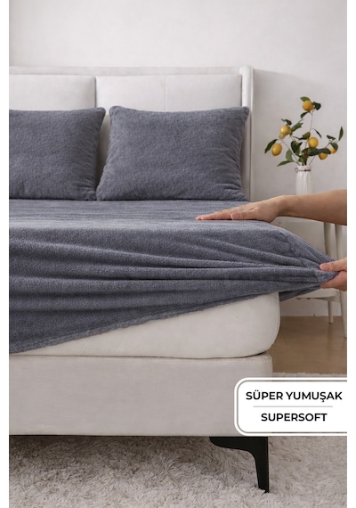Süper Yumuşak Flanel Kadifemsi Peluş Lastikli Fitted Çarşaf Seti Kaymaz Tek/çift Kişilik Antrasit