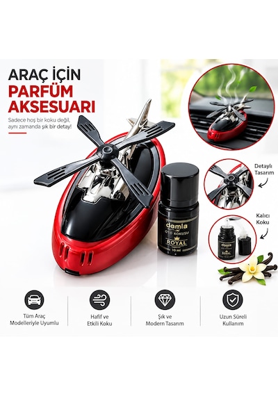 Güneş Enerjili Helikopter Araba Kokusu-kokusu  Araba Süsü Kırmızı - Siyah Set