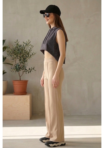 Thiff Gymwear Kadın Modal Önü Çimalı Bol Paça Palazzo Pantolon Bej