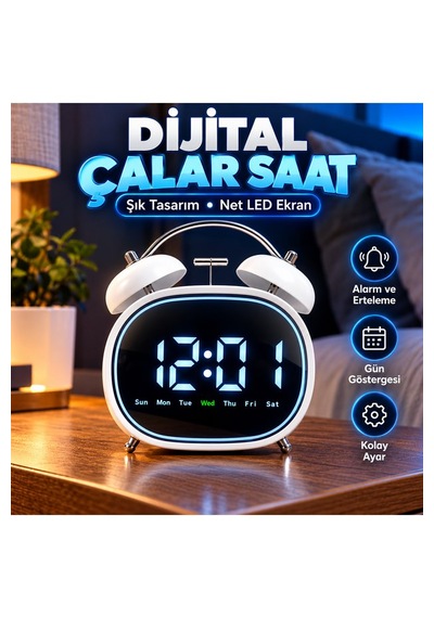 Led Ekranlı Dijital Çalar Saat Alarm Erteleme Gün Göstergeli Şık Tasarım 14x12 Cm Dijital Metal Çalar Saat Pil Beyaz