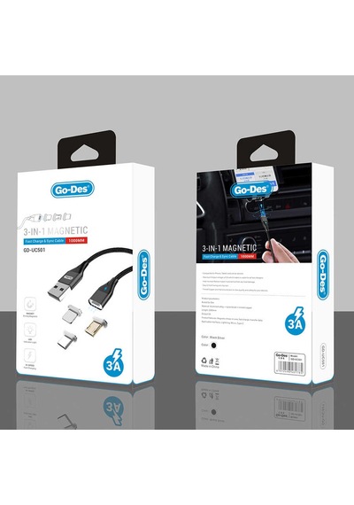 Go Des GD-UC501 3 in 1 Magnetik USB Kablo 3A Mıknatıslı Şarj Kablosu 100 cm Data Kablo ZORE-258864 Siyah