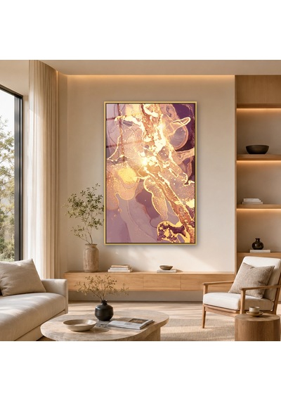 Lila Mürdüm Altın Akışkan Gold Çerçeveli Cam Tablo