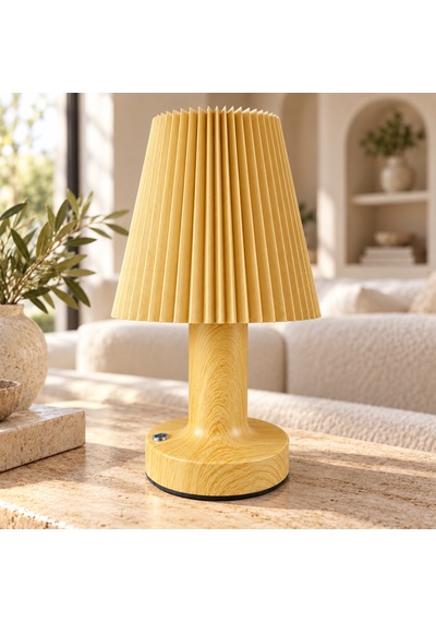 Sleepnova Şarjlı Led Masa Lambası Ahşap Görünümlü Pileli Abajur 3 Işık Modlu 15x13 Cm Ahşap  - Bej