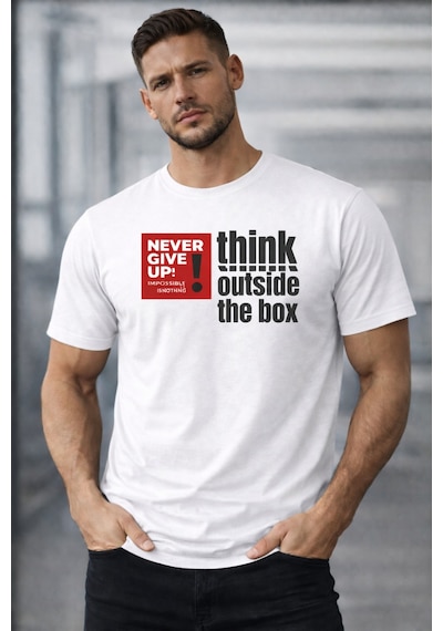 Herkesemoda Think Outside Yazı Detaylı Basic T-shirt Beyaz