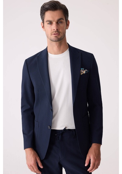 Erkek Lacivert Slim Fit Torba Cep Çizgili Jogger Pantolonlu Sivri