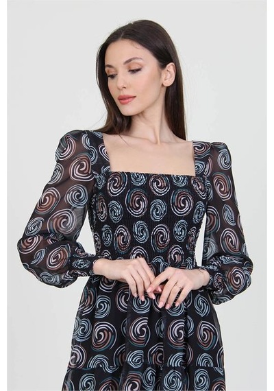 Neşeli Butik Siyah Kadın Siyah Gipeli Kare Yaka Desenli Şifon Elbise Nb100361 Siyah