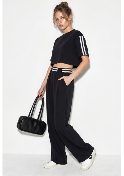 Shade Kadın Çizgi Detaylı Crop Bluzlu Yüksek Bel Modal Takım 4136 60286285 - Siyah