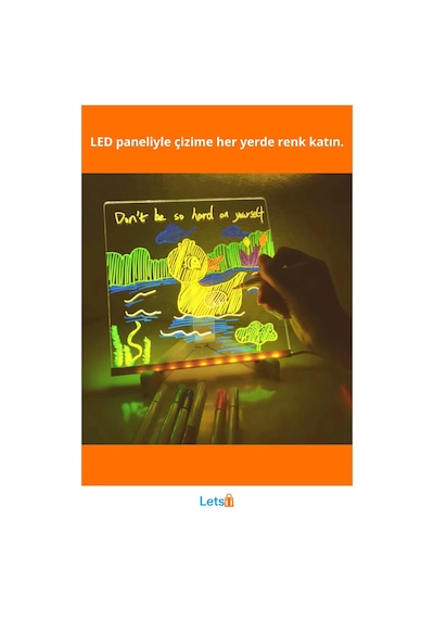 Led Aydınlatmalı Tahta Yazı Ve Çizim 20x20 Cm Küçük Boy Çok Renkli