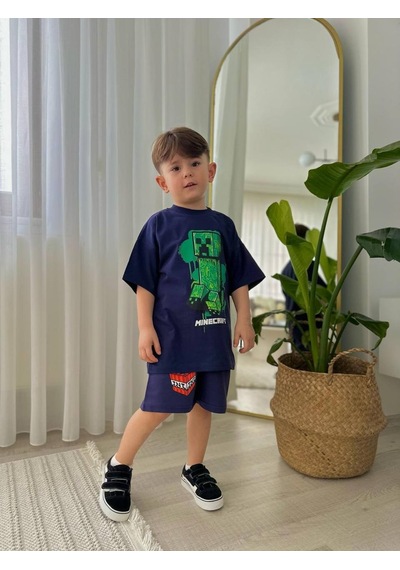 Miniko Kids Erkek Çocuk Minecraftt Modelli Baskılı Şortlu Pamuk Takım Lacivert