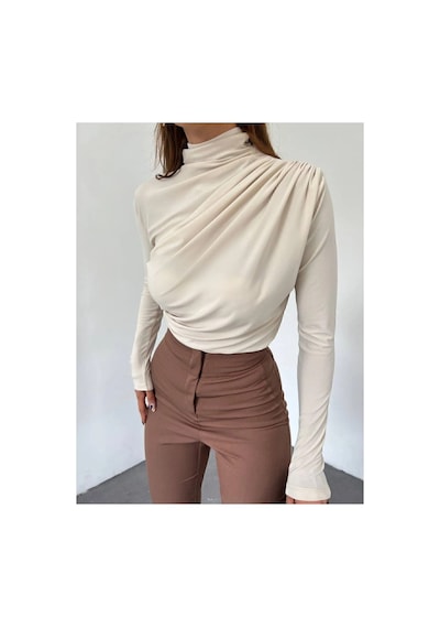 Unika Boutique Kadın Kahverengi Dik Yaka Omuz Ve Bel Büzgülü Uzun Kollu Bluz Bej