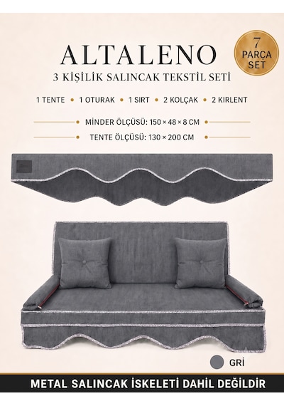 Altaleno 3 Kişilik 150 48 Cm Süngerli Bahçe Balkon Salıncak Minderi Yıkanabilir Kılıflı, Tenteli Keten Kumaş Tekstil Seti 24 Dns 8 Cm Orta Sert Sünger Gri