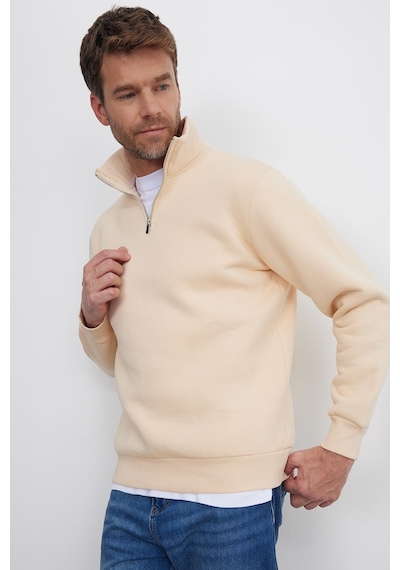 Tudors Unisex Relax Fit Rahat Kesim Pamuklu İçi Polarlı Yarım Fermuarlı Ekru Dik Yaka Sweatshirt-29414