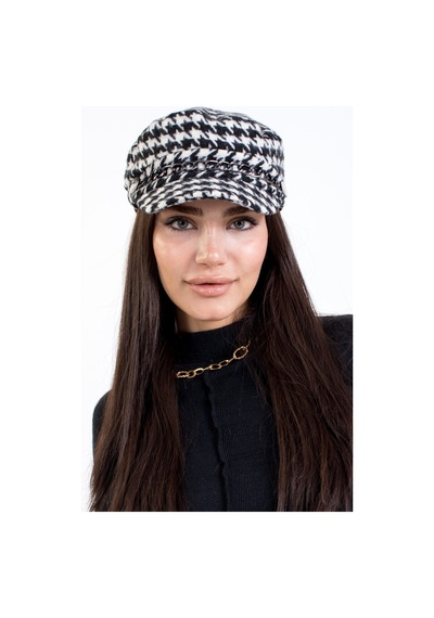 Ladycolor Kadın Kışlık Şapka Kaşe Kaptan Kışlık Zincir Aksesuarlı Kazayağı Desen Beyaz