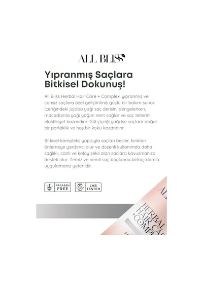 All Bliss Bitkisel Saç Bakım Serumu 50 Ml Yıpranmış Saçlar İçin Onarıcı Ve Parlatıcı Bakım Jojoba, Gül Yağı, Macadamia